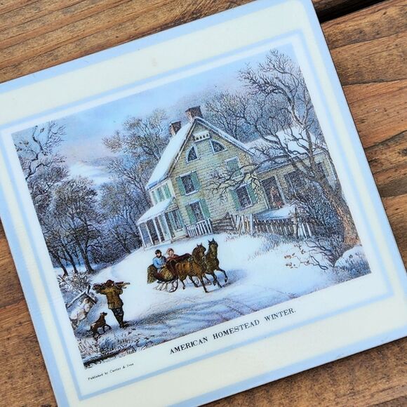 Vintage Currier & Ives Hometown Season Pictorial Collage Coaster Set Cork Back - Picture 5 of 9